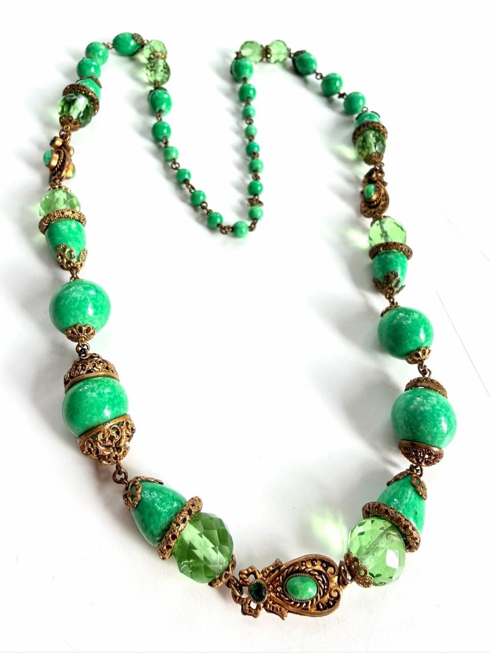 Antique Art Deco Czech Neiger Brothers Peking Glass Olive Crystal Necklace Czech